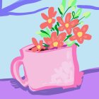 Pink teacup with flowers on blue background