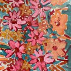 Colorful floral painting with pink flowers and teal background