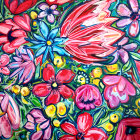 Colorful Flower Painting with Pink, Blue, and Red Hues