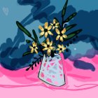 Yellow and Purple Flower Bouquet in Clear Vase on Pink and Blue Background