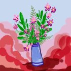 Pink flowers in blue vase on soft-focus background