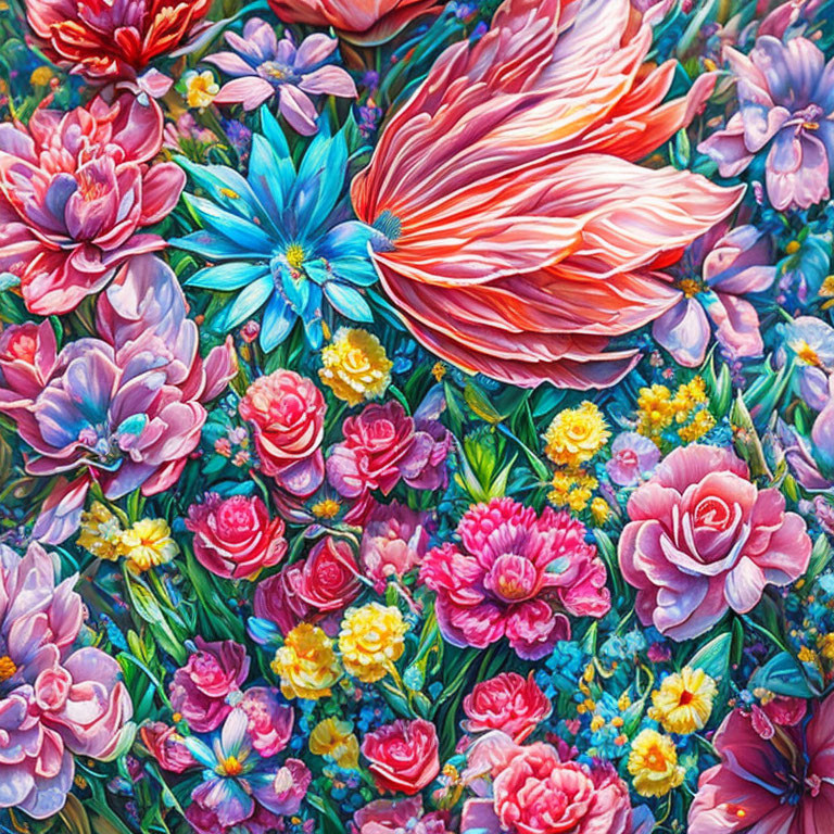 Colorful Flower Painting with Pink, Blue, and Red Hues