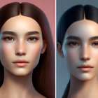 Digital artwork: Girl with neutral and smiling expressions, detailed skin texture and freckles