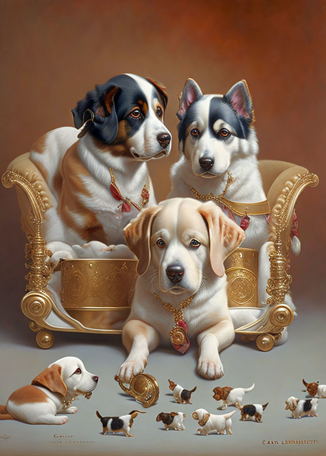 Regal dogs and puppies around golden ornate chair with central pup holding scepter