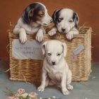 Regal dogs and puppies around golden ornate chair with central pup holding scepter