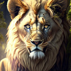 Anthropomorphized lion with human-like eyes in decorative headpiece against forest background