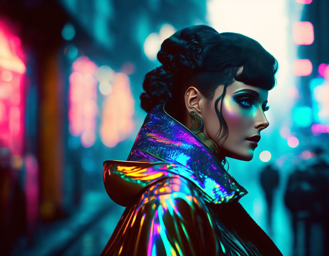 Styled hair woman in holographic jacket against neon-lit cityscape