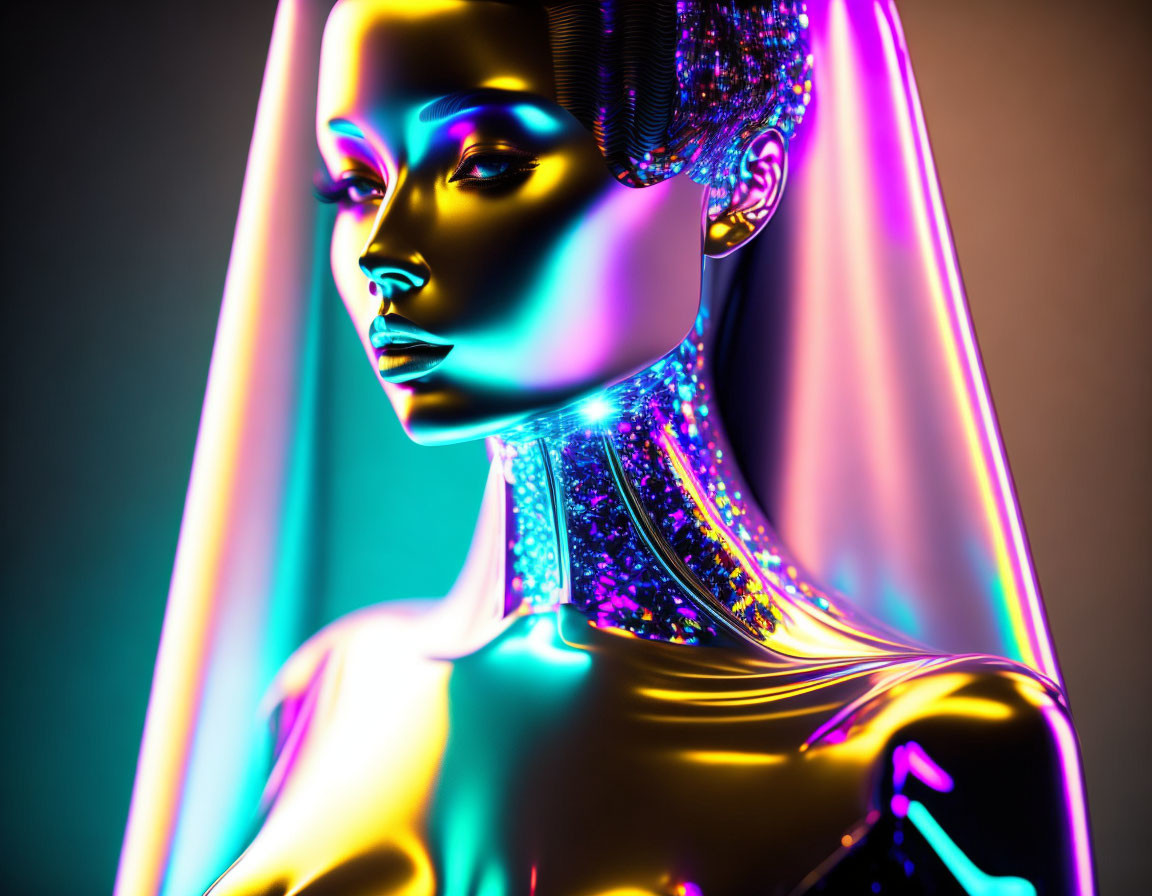 Futuristic portrait of female figure with metallic skin and neon lights