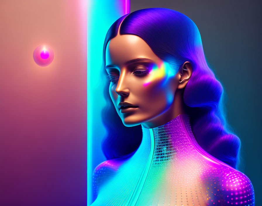 Vibrant neon-lit woman with futuristic mesh collar