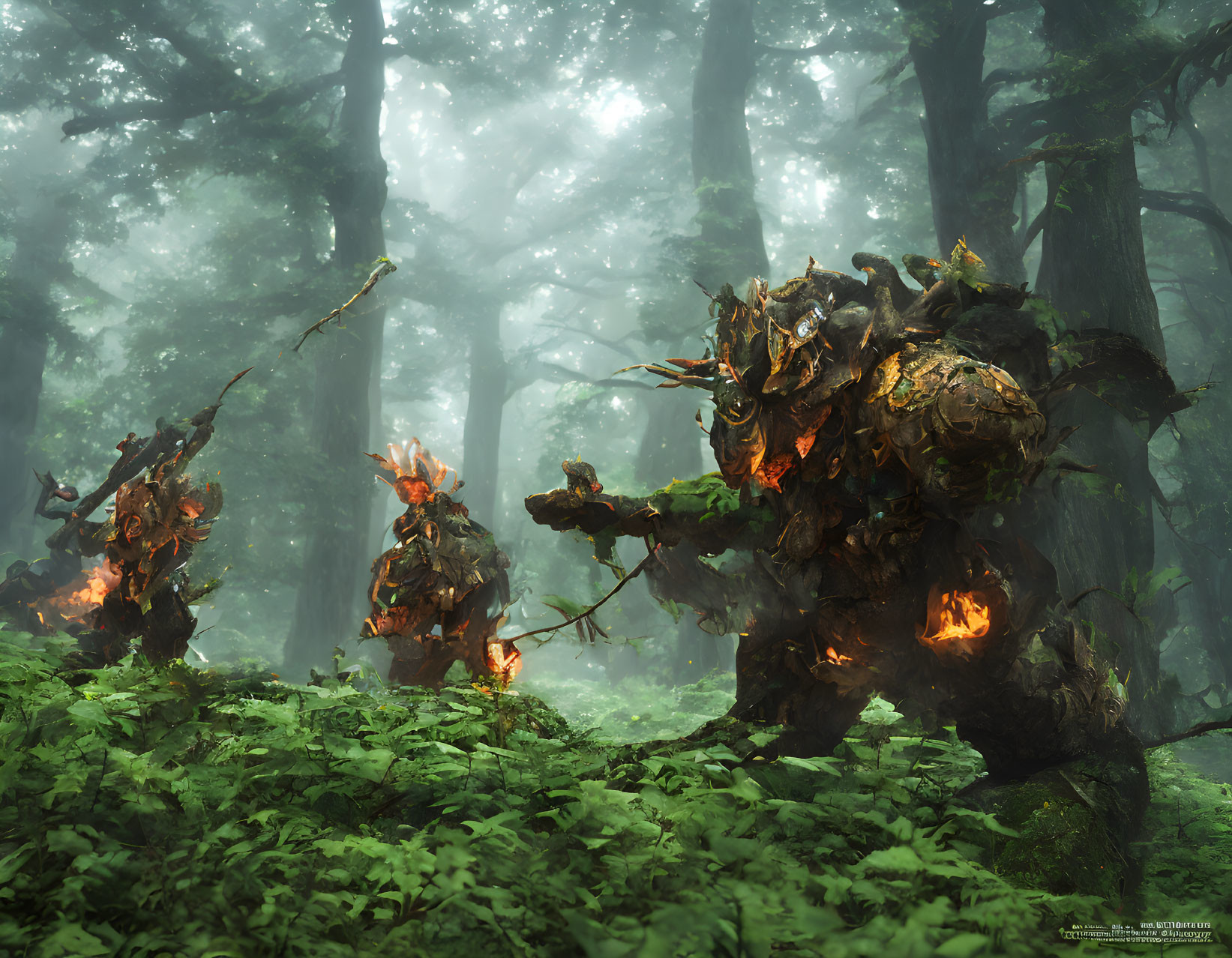 Mystical tree creatures with glowing cores in foggy forest