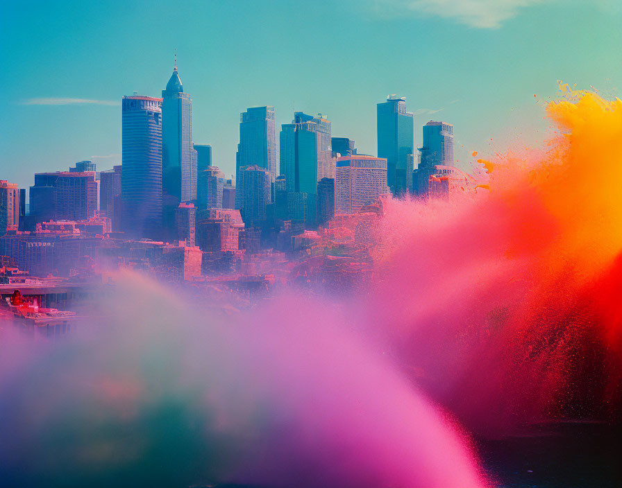 Colorful Cityscape with Pink and Orange Hues Under Blue Sky