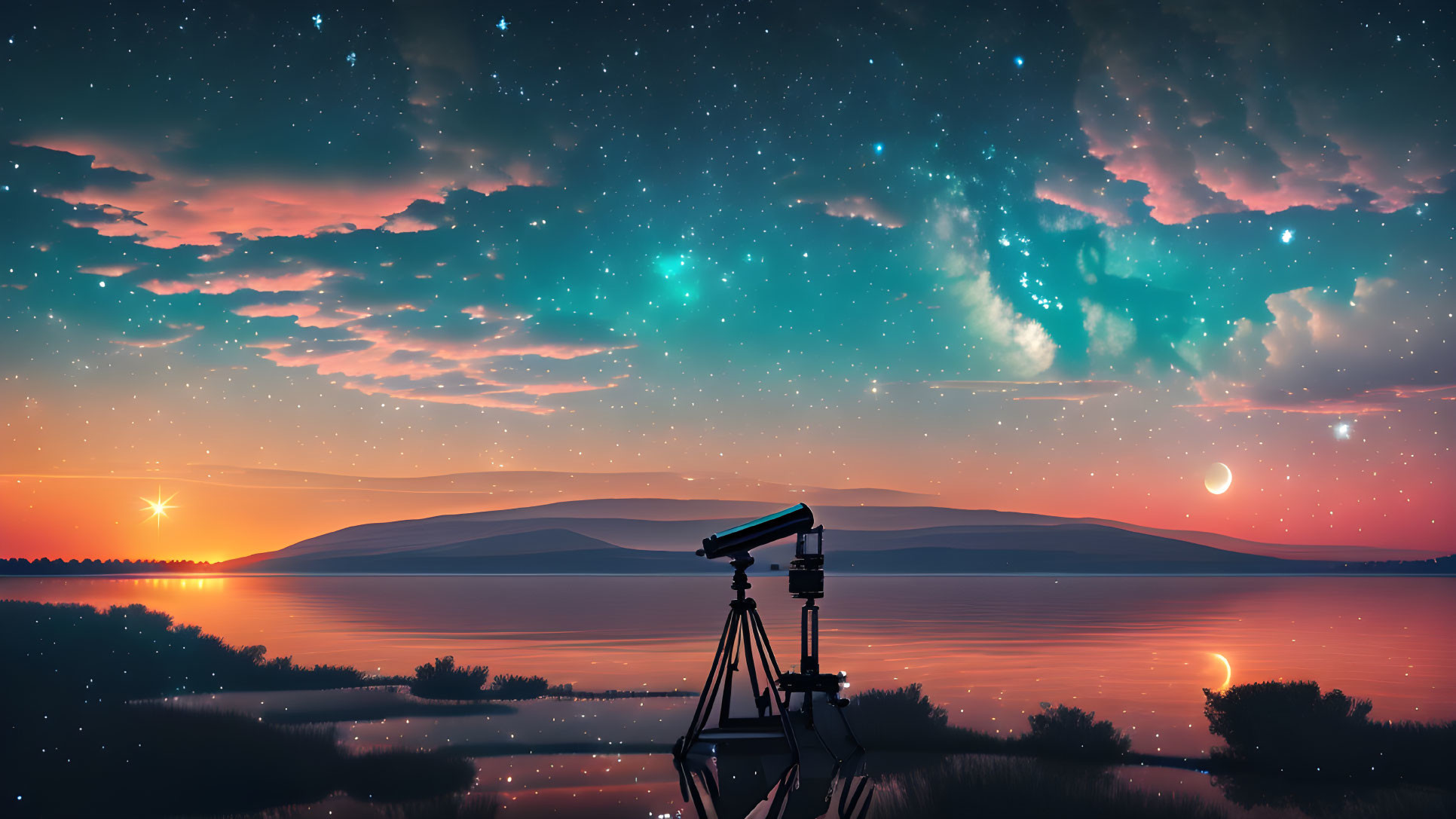 Telescope by serene lake at twilight with aurora borealis, star-filled sky, and setting sun