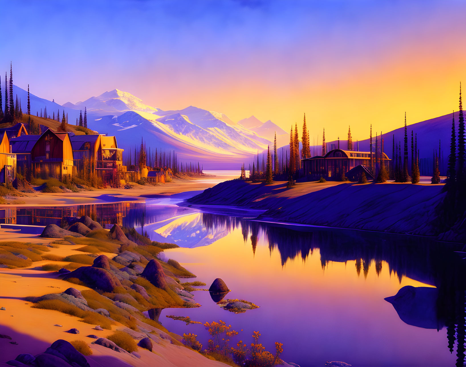 Scenic sunset over lakeside village with colorful houses and snowy mountains reflected in water