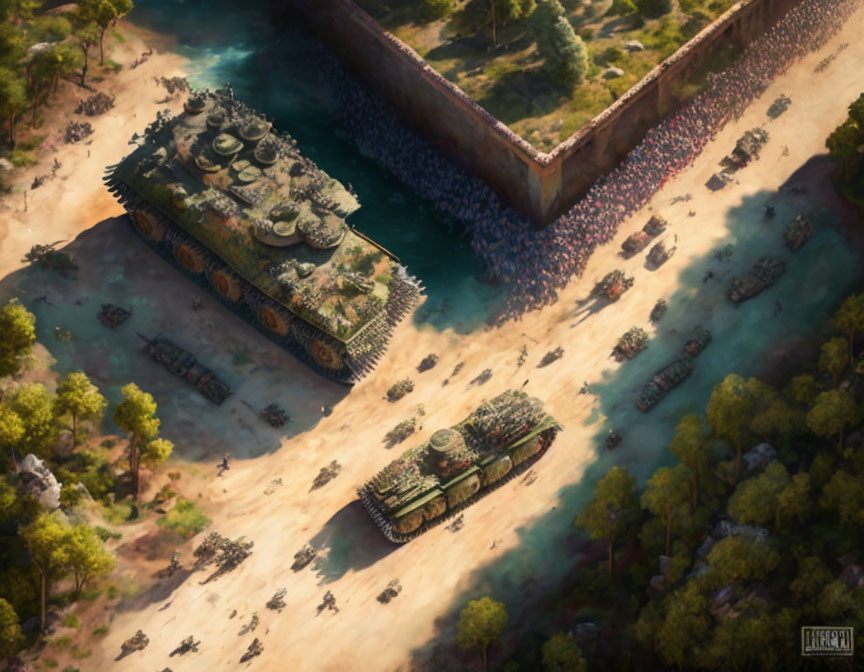 Digital artwork of military tanks and troops facing a fortified wall in a natural landscape.