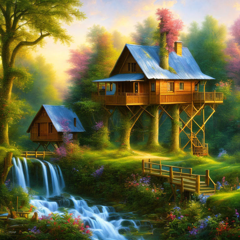 Fantasy illustration: Wooden treehouse near waterfall in lush forest