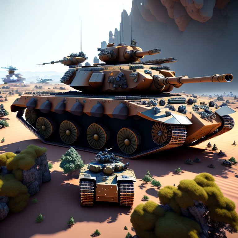 Advanced hover tanks with cannons navigating desert landscape under cloudy sky