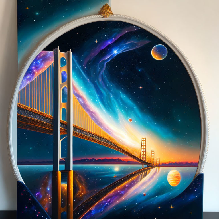 Circular surreal painting of bridge and cosmic sky with stars, planets, and nebulae reflecting on water