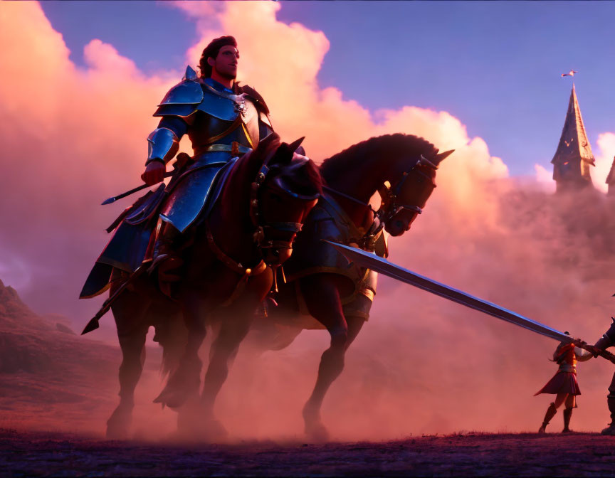 Animated knight on horseback with lance facing small figure in red cape against dusky sky with castle silhouette