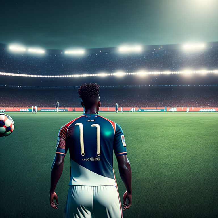 Soccer player in number 11 jersey on pitch with stadium crowd at night