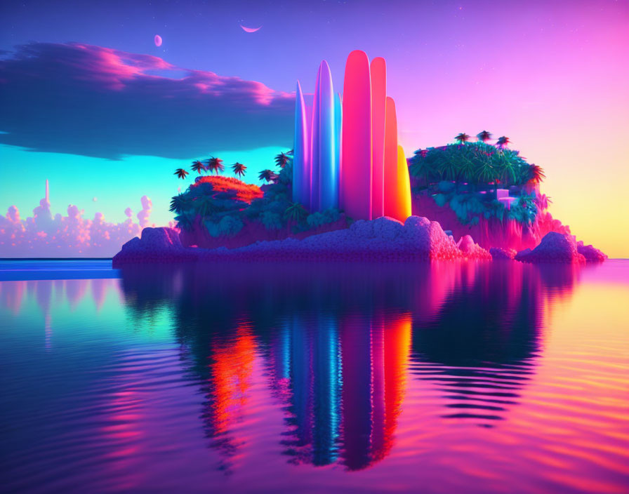 Colorful surreal landscape: towers, island, calm water, vivid sky.