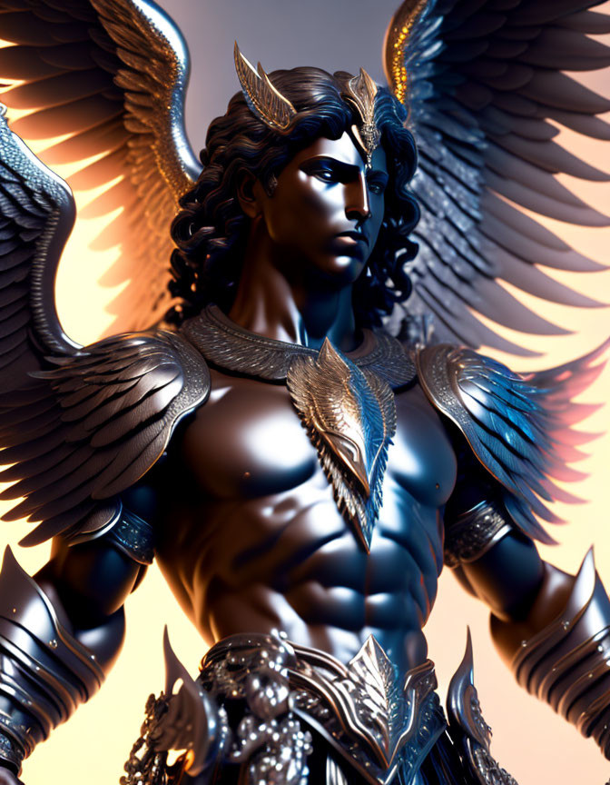 Male warrior angel with metallic armor, large wings, and regal crown headpiece