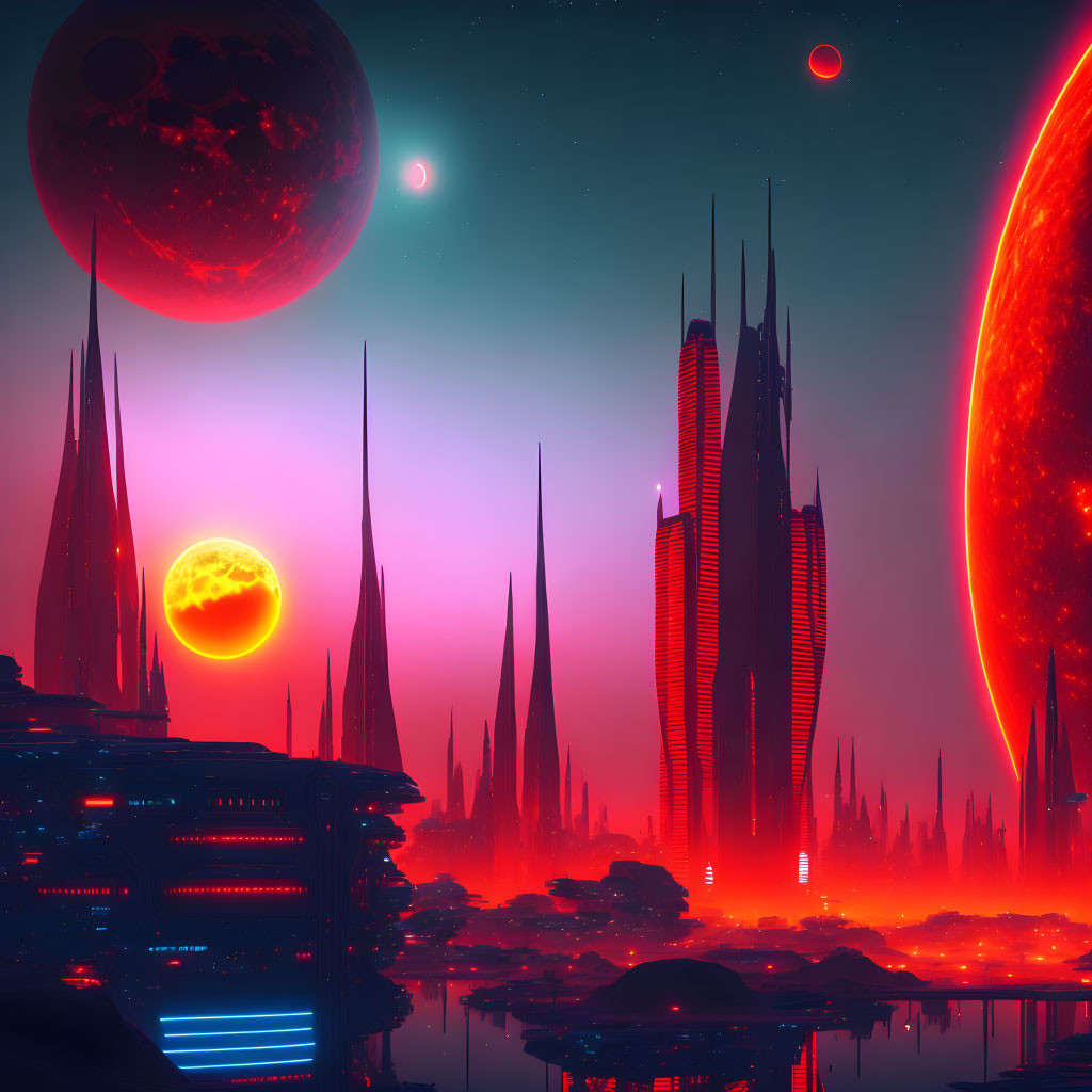 Futuristic cityscape with towering spires under sky with celestial bodies