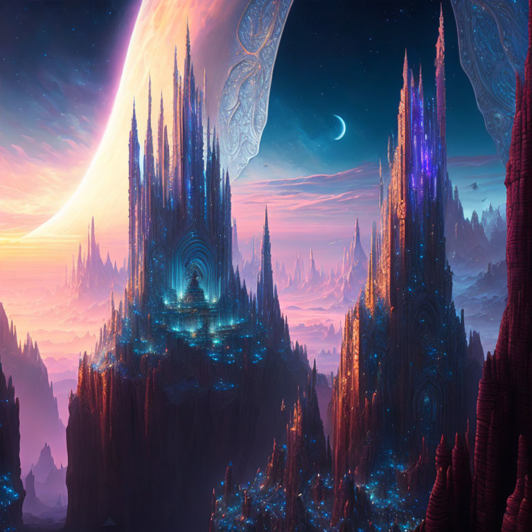 Alien landscape with crystal spires, moon, and planets in blue glow