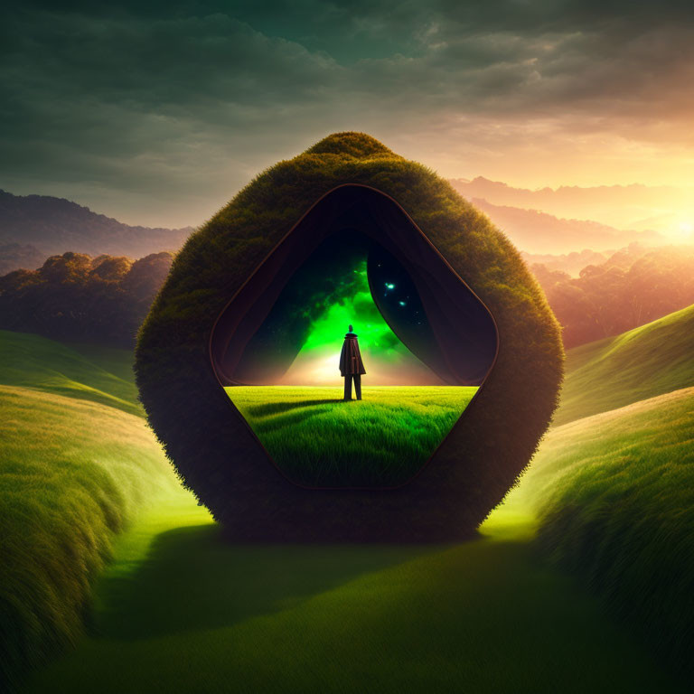 Surreal grass-covered triangular portal with starry void and scenic sunrise over hills