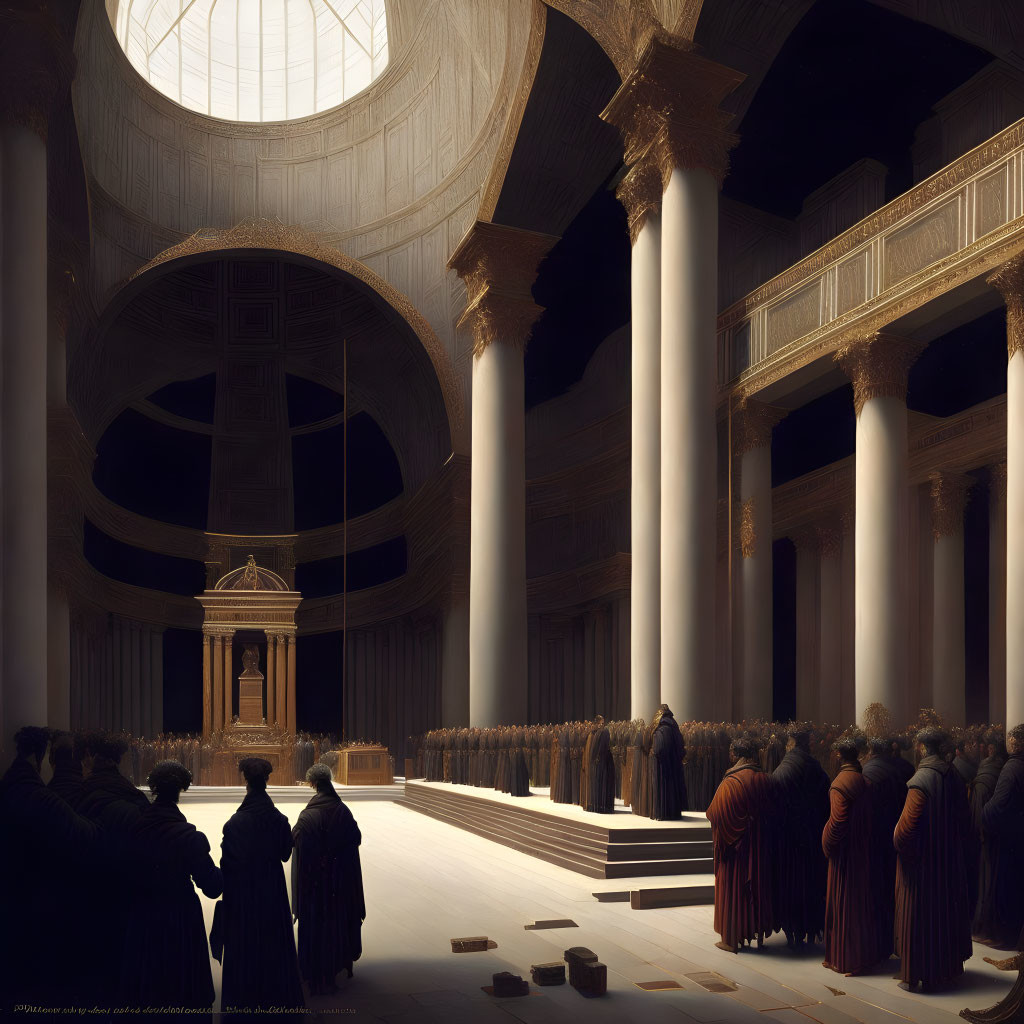 Digital art: Ancient hall with columns, dark-robed crowd, illuminated altar