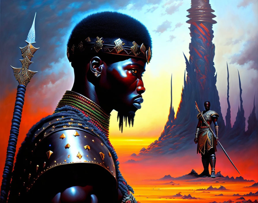 African warrior illustration with elaborate armor and spear in fiery sunset landscape