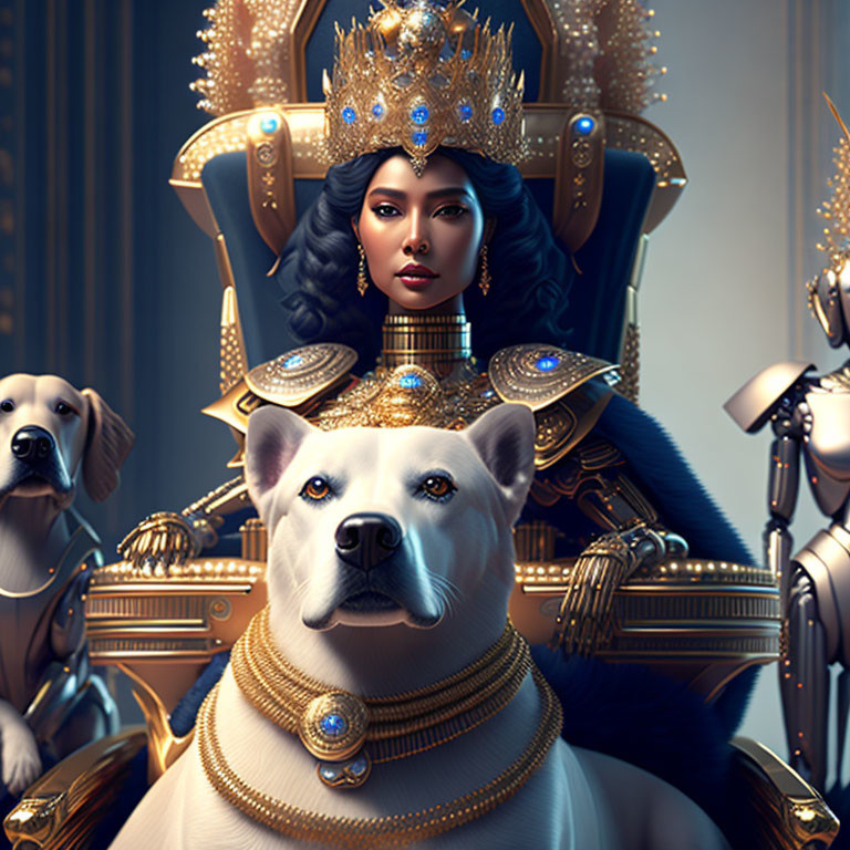 Regal woman with golden crown and dogs radiates nobility