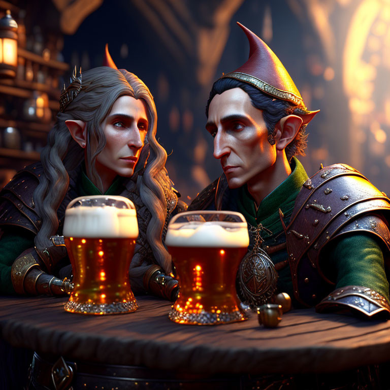 Fantasy elves in medieval attire enjoying ale in cozy tavern