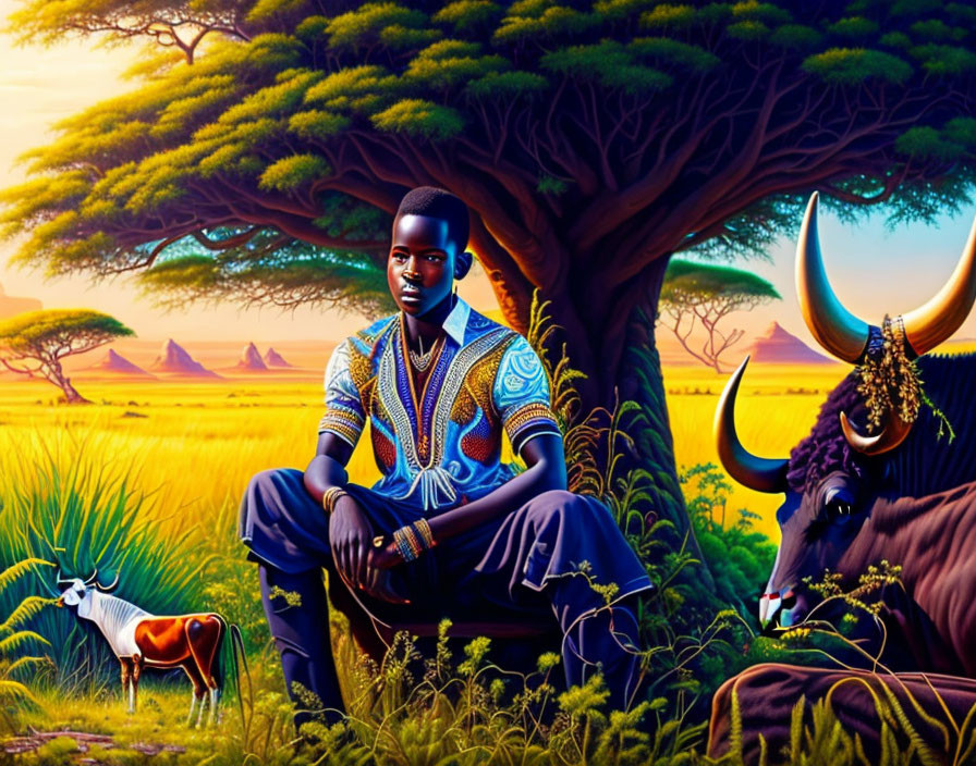 Digital artwork: Man in African attire under acacia tree with wildlife in savannah landscape