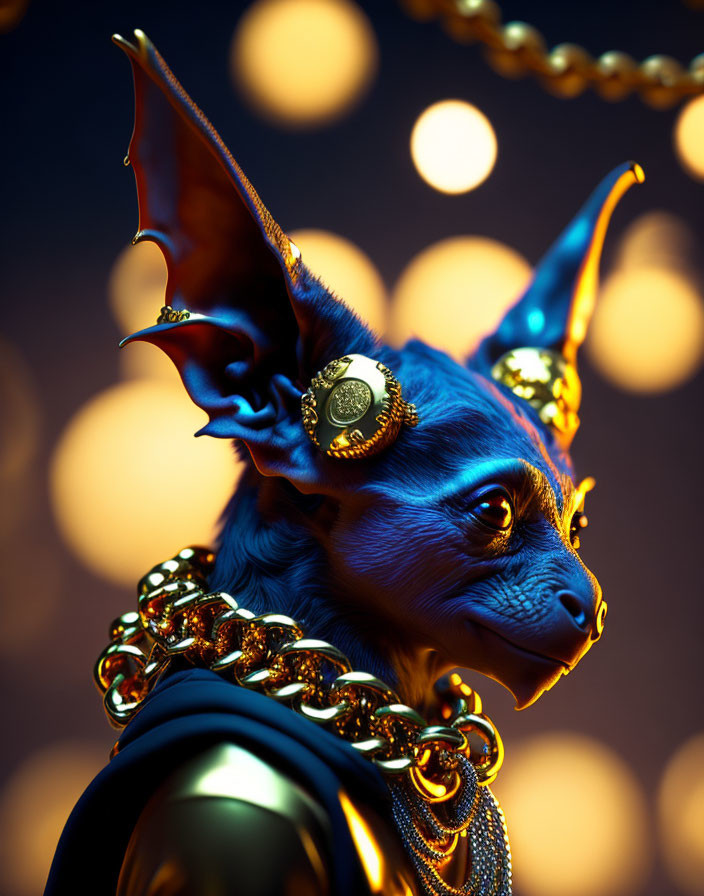 Blue-skinned creature with bat-like ears and golden accessories surrounded by glowing orbs