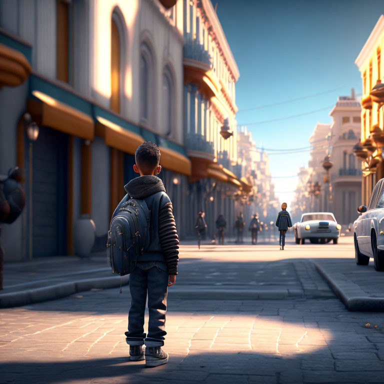 Young boy standing on urban street with backpack, morning cityscape.