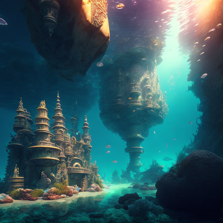 Sunken castle structures and marine life in underwater fantasy scene