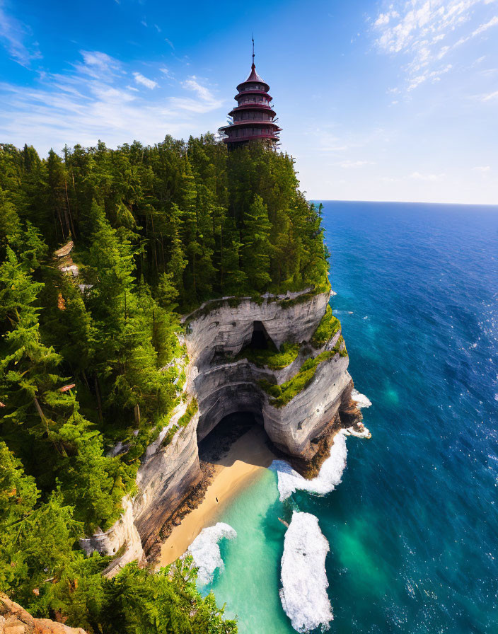 Traditional Pagoda on Rugged Cliff Overlooking Turquoise Sea