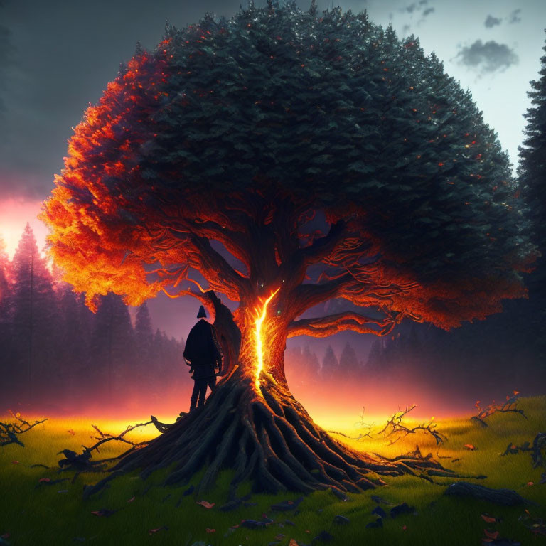 Majestic tree with glowing fissure in twilight forest