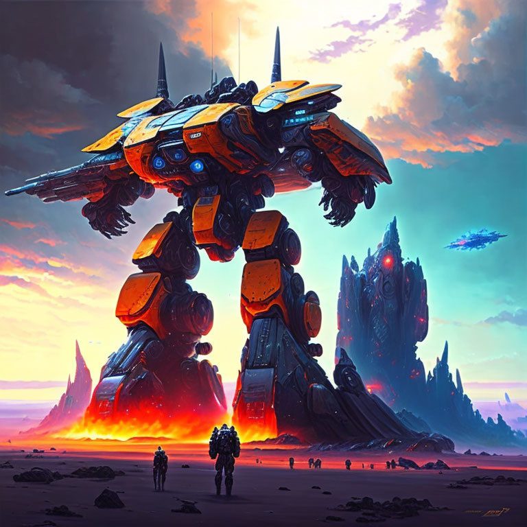 Gigantic humanoid mech on rocky landscape with figures and flying craft