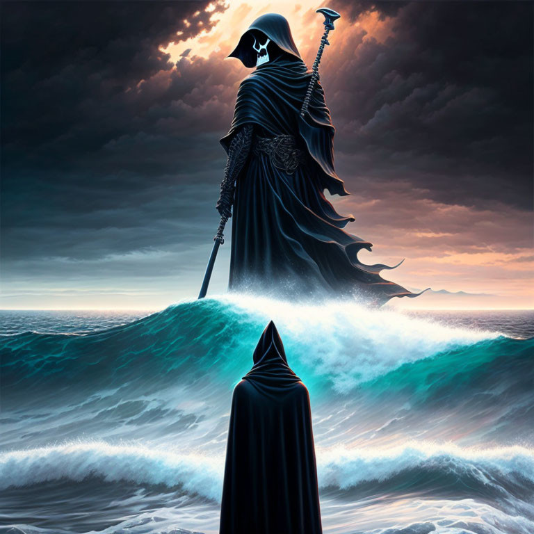 Hooded figure in skull mask meets reaper on shore