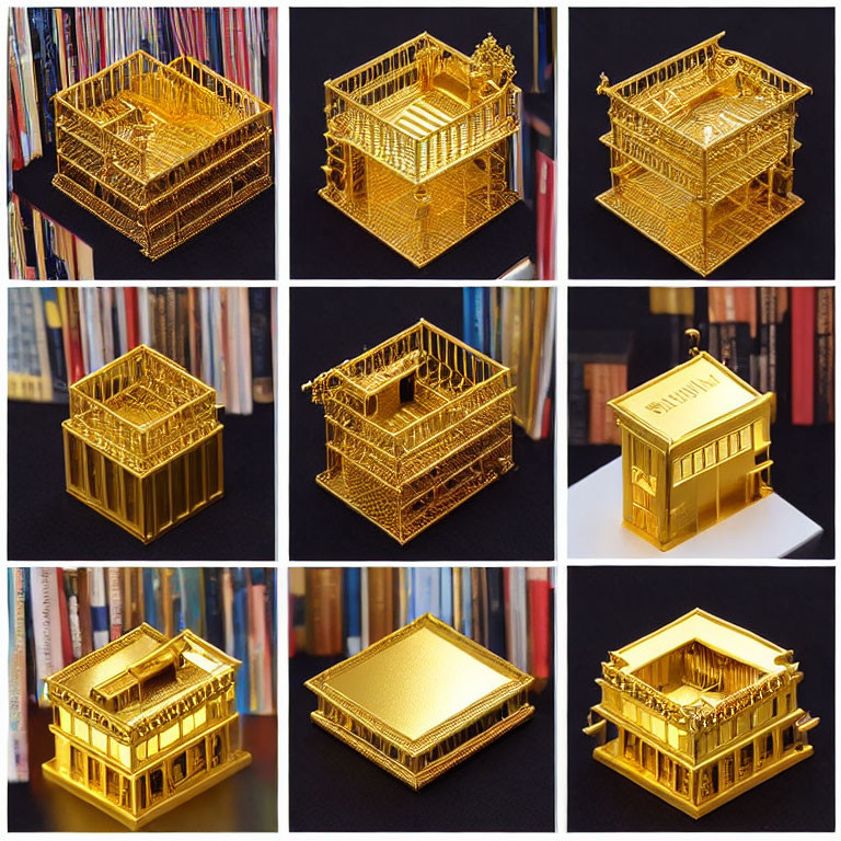 Nine gold metal puzzle models of buildings against book spines