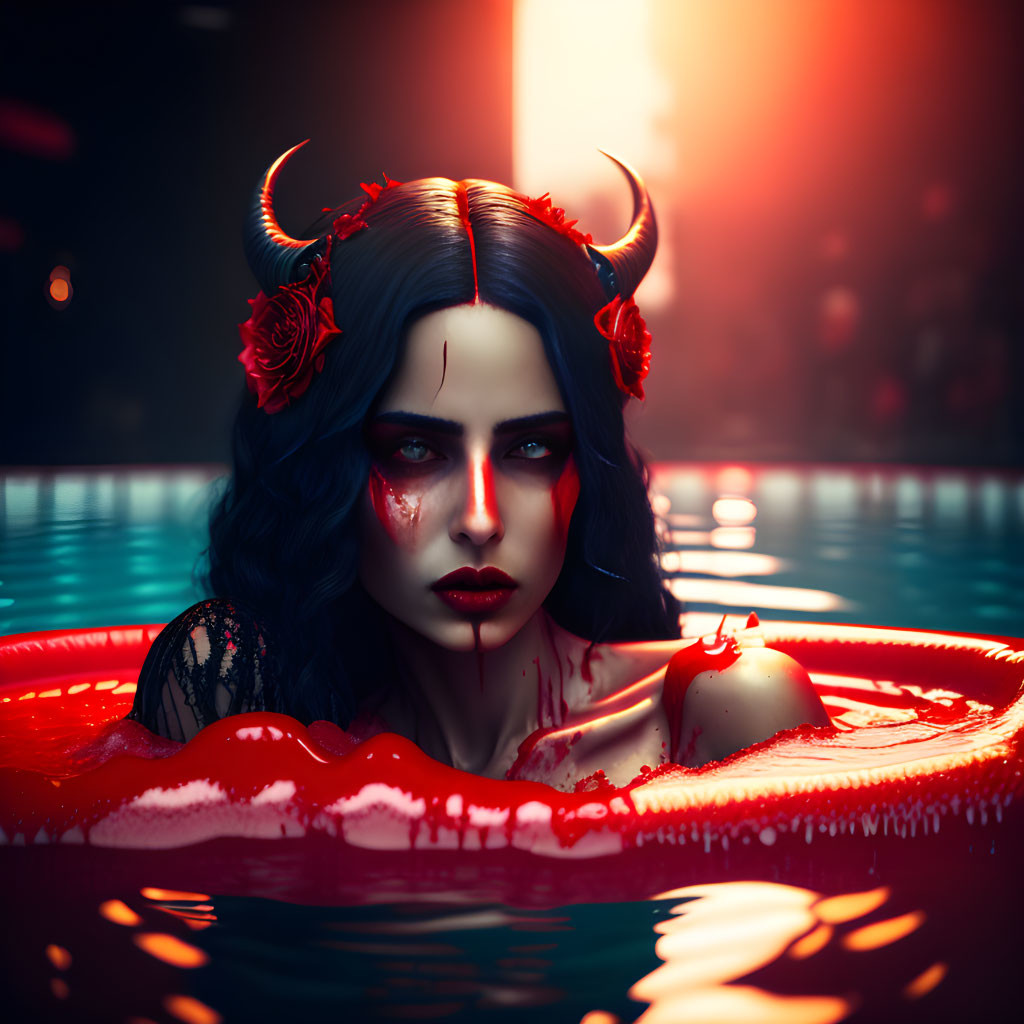 Woman with horns and roses in hair, blood on face, floating in red-lit water