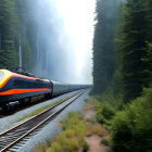 Orange and Gray Train Passing Through Misty Forest Landscape