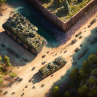 Digital artwork of military tanks and troops facing a fortified wall in a natural landscape.