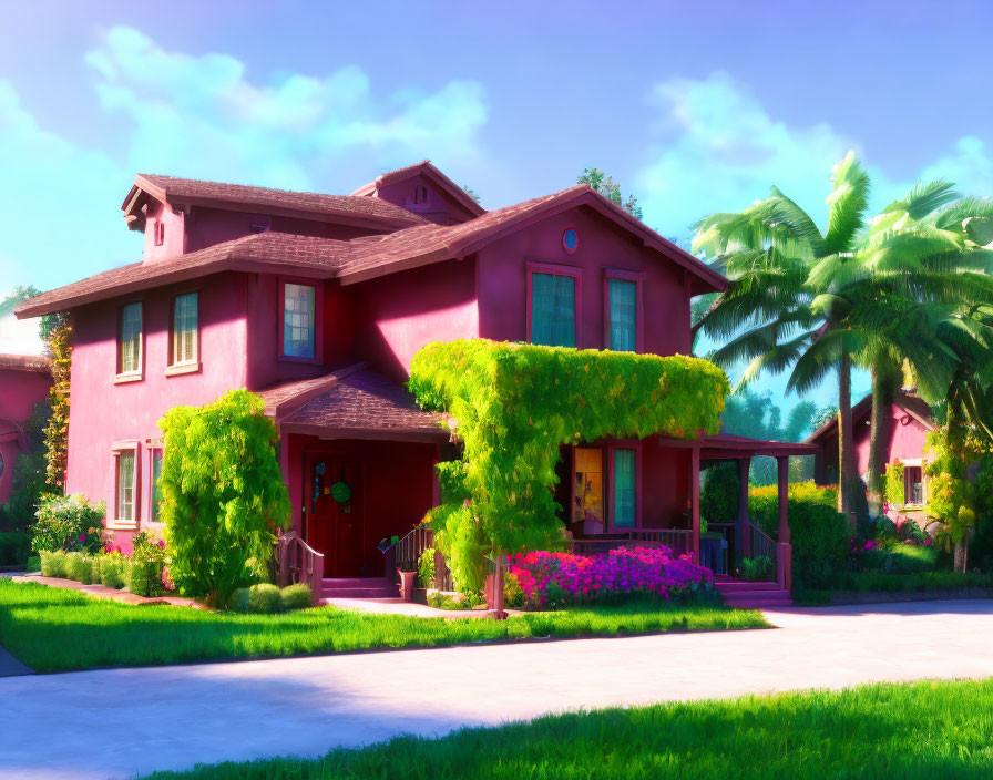 Pink Two-Story House with Red Roof Surrounded by Palm Trees