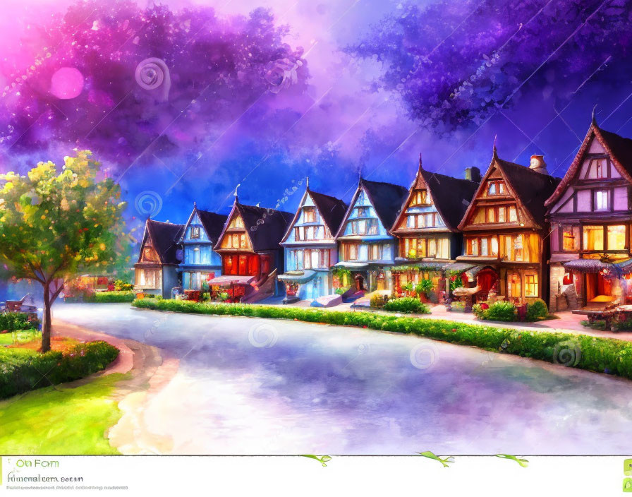 Colorful Tudor-style houses by a blue river under a starry sky