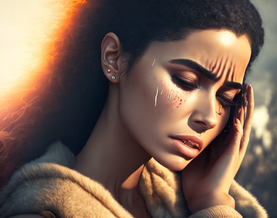 Digital artwork of sorrowful woman with tears and warm backlighting