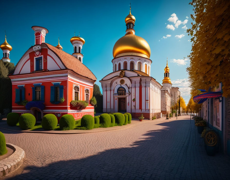 Colorful Orthodox Church with Golden Dome and Autumn Trees on Cobbled Street