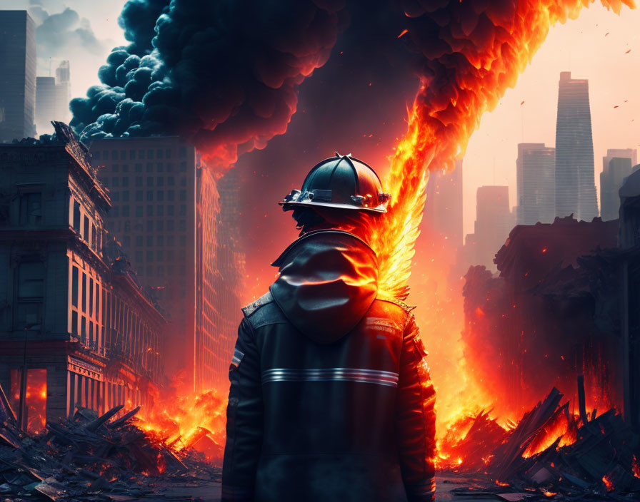 Firefighter observes massive fire tornado in devastated cityscape.