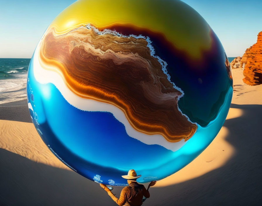 Person in Hat Holding Enormous Surreal Marble with Ocean and Desert Reflections